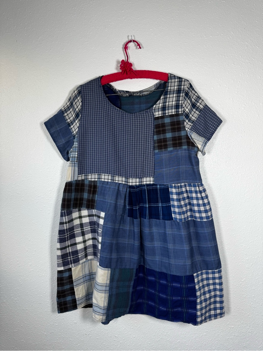 Handmade Blue Patchwork Plaid Babydoll Mini DressBoho folk Cottagecore Medium